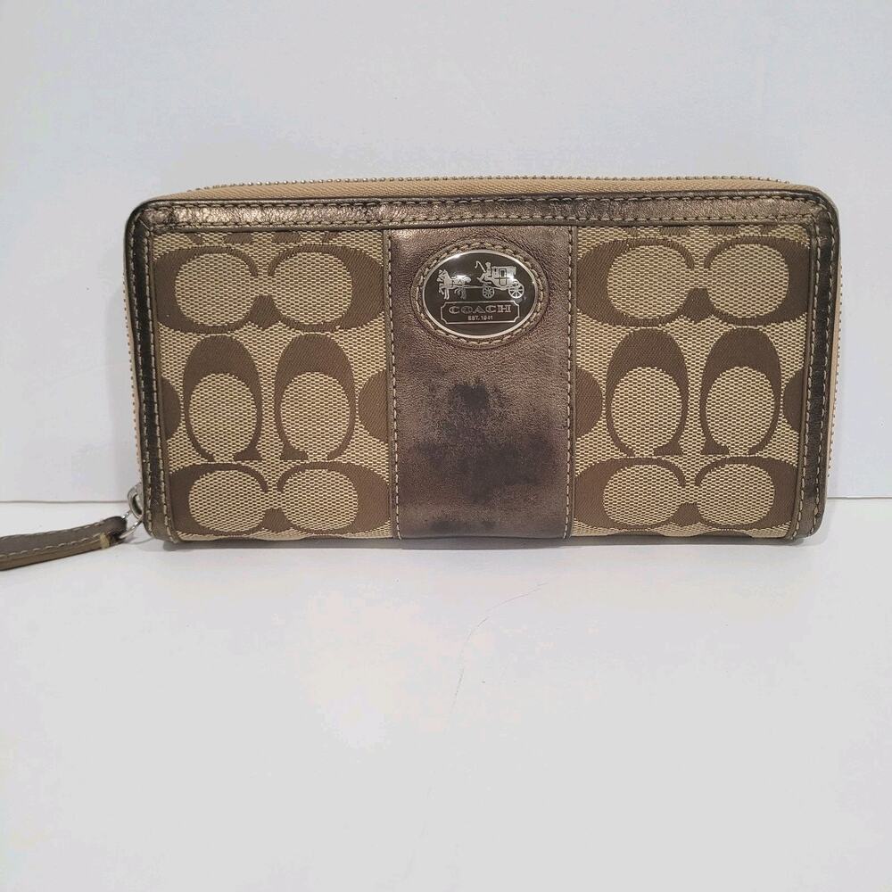 Coach Long Wallet Stripe‎ Accordion Zippy Around Metalic Brown Designer Large